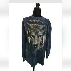 The Mountain Vintage Mens Blue Indian Wolf Long Sleeve Tee L